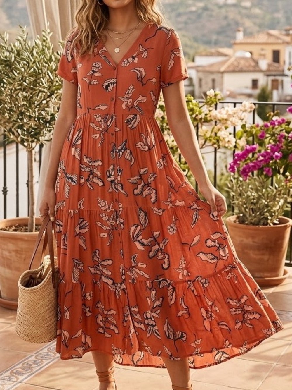 Sonoma Rust Floral V-Neck Tiered Midi Dress